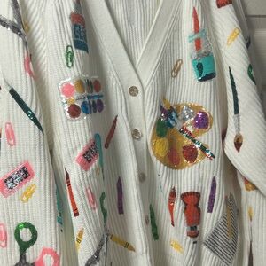 QUEEN OF SPARKLES TEACHER Embroidered Cardigan NWOT